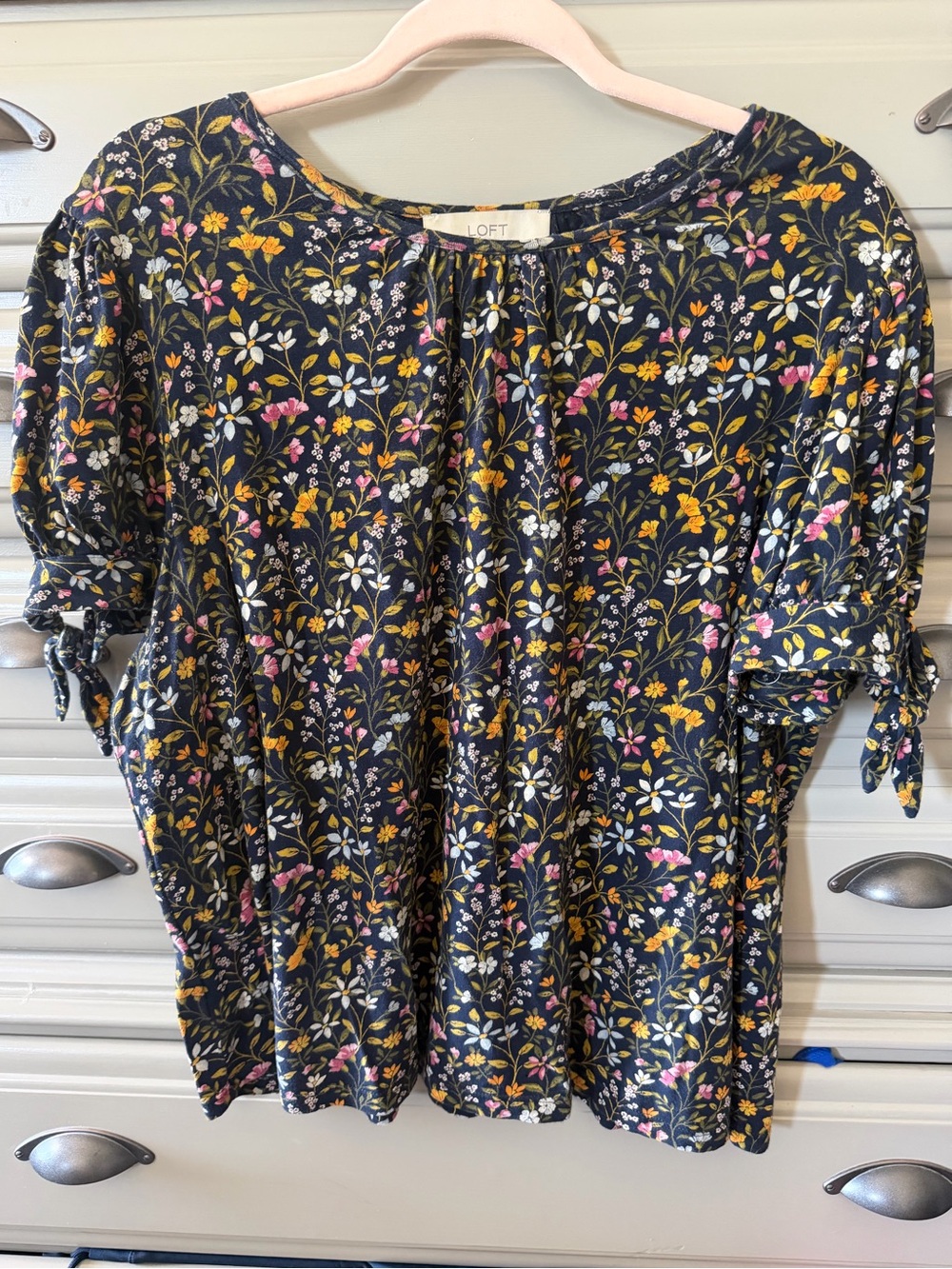 LOFT Navy Floral Tie-Sleeve Top